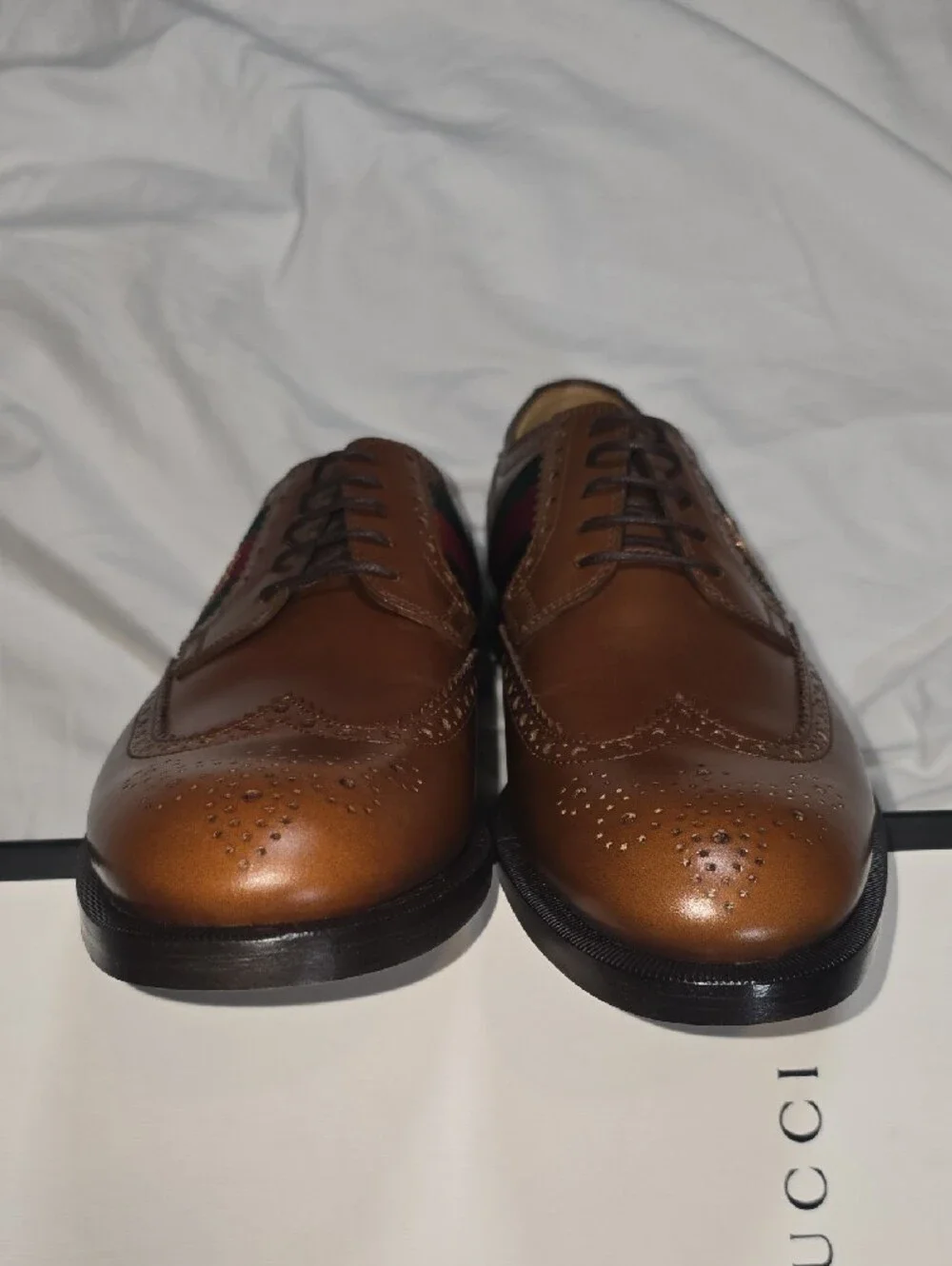Gucci Calfskin Web Bee Embroidered Lace-Up Brogue Oxfords